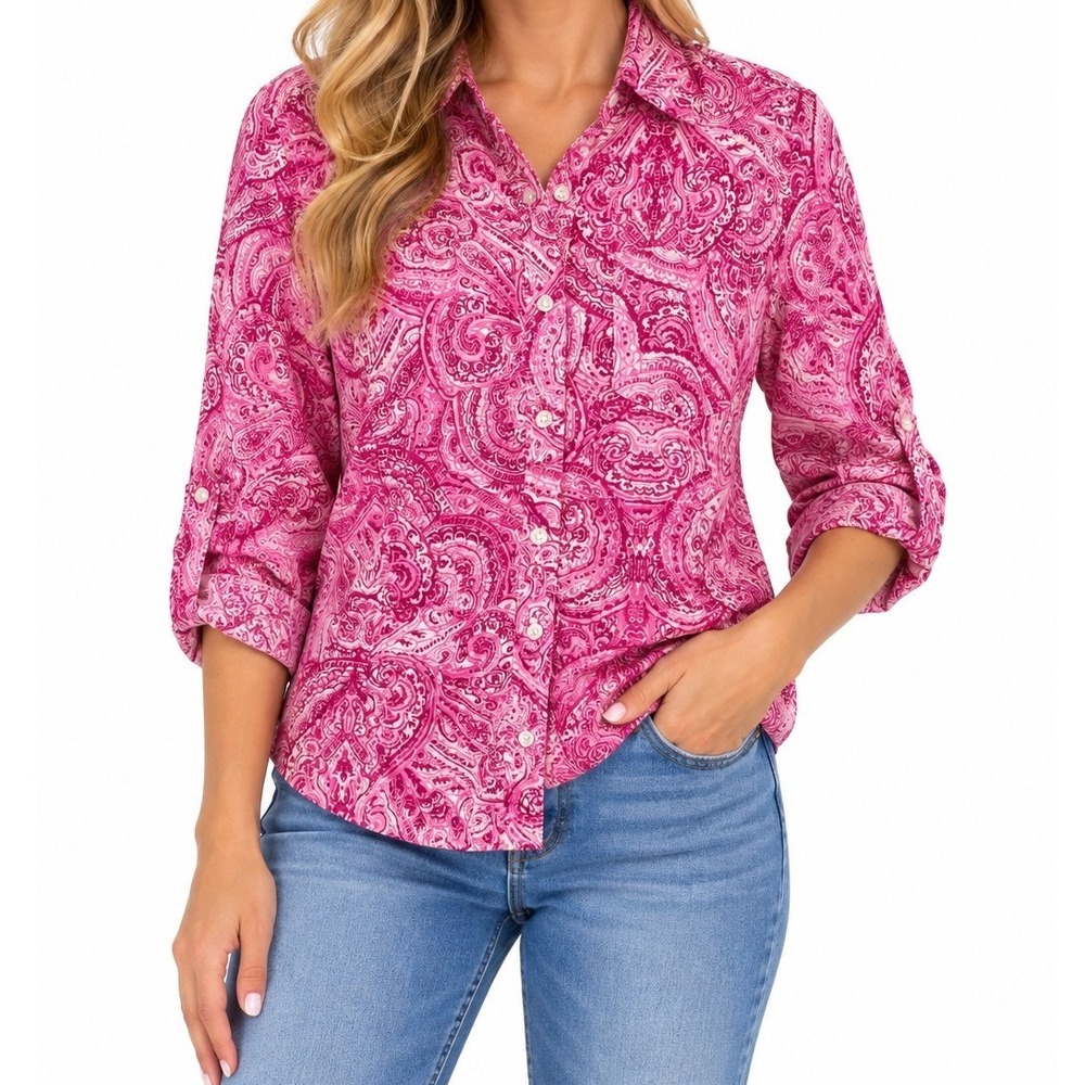 Jones New York Button Down Shirt Women S Pink Paisley Casual Boho Career